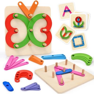 Educational wooden letter number puzzle sorter pegboard shape and color cognition activity board sort game blocks toy for kids