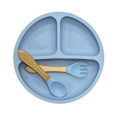 silicone plate with wooden spoon (random colour)