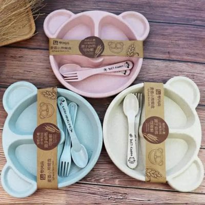 Plastic Wheat Bear plate with spoon